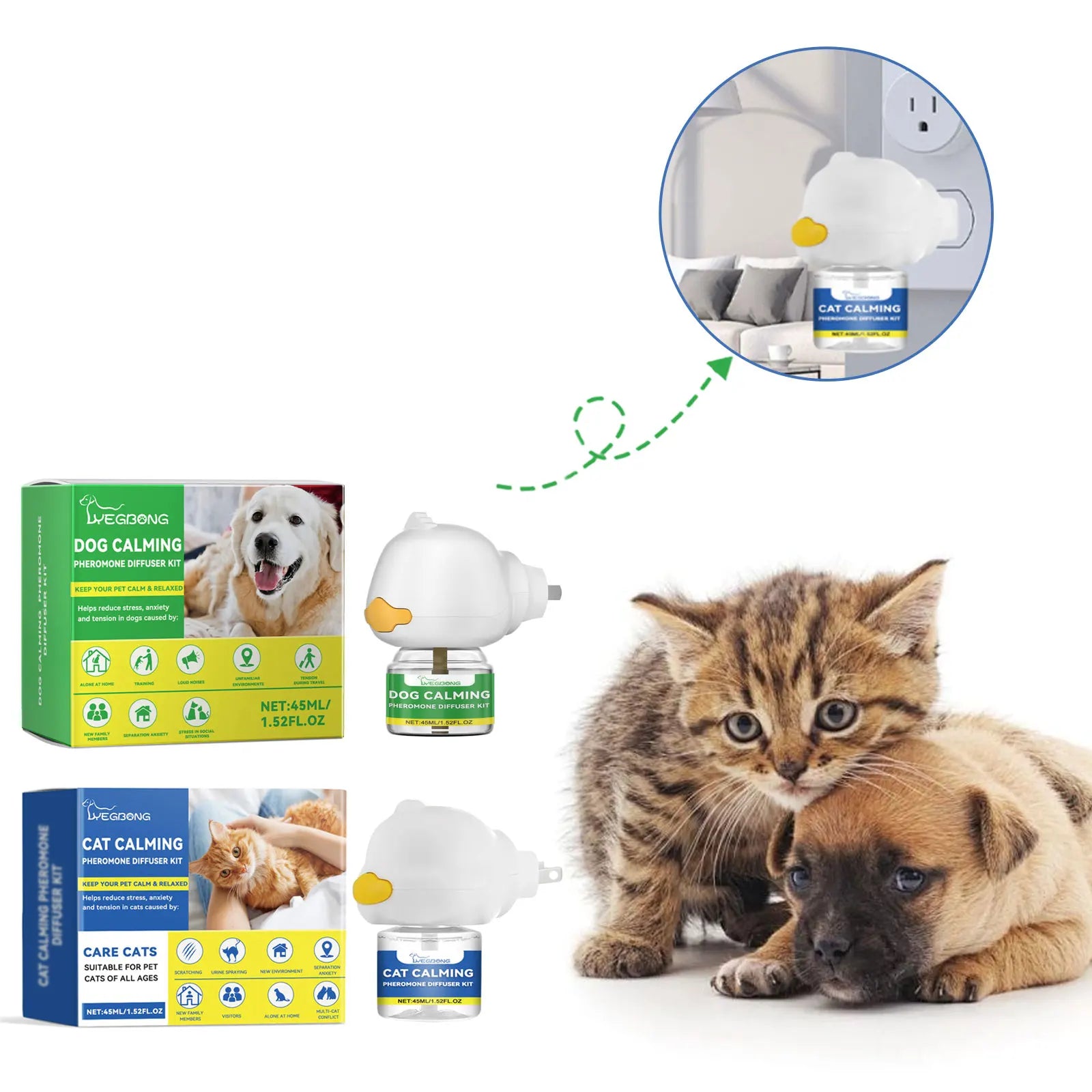 Pet calming products including a box, diffuser, and packaging with images of a dog and cat.