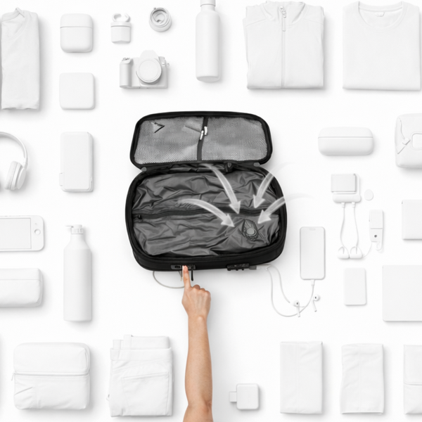 Open suitcase with various travel items arranged around it on a white background