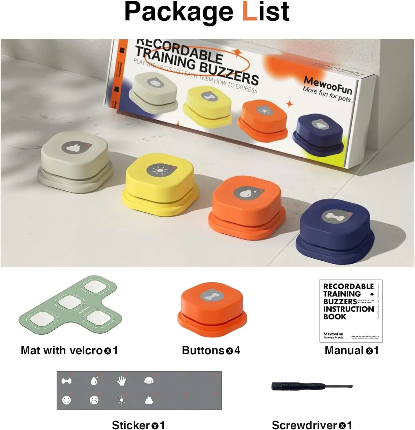 Recordable training buttons with packaging and components listed