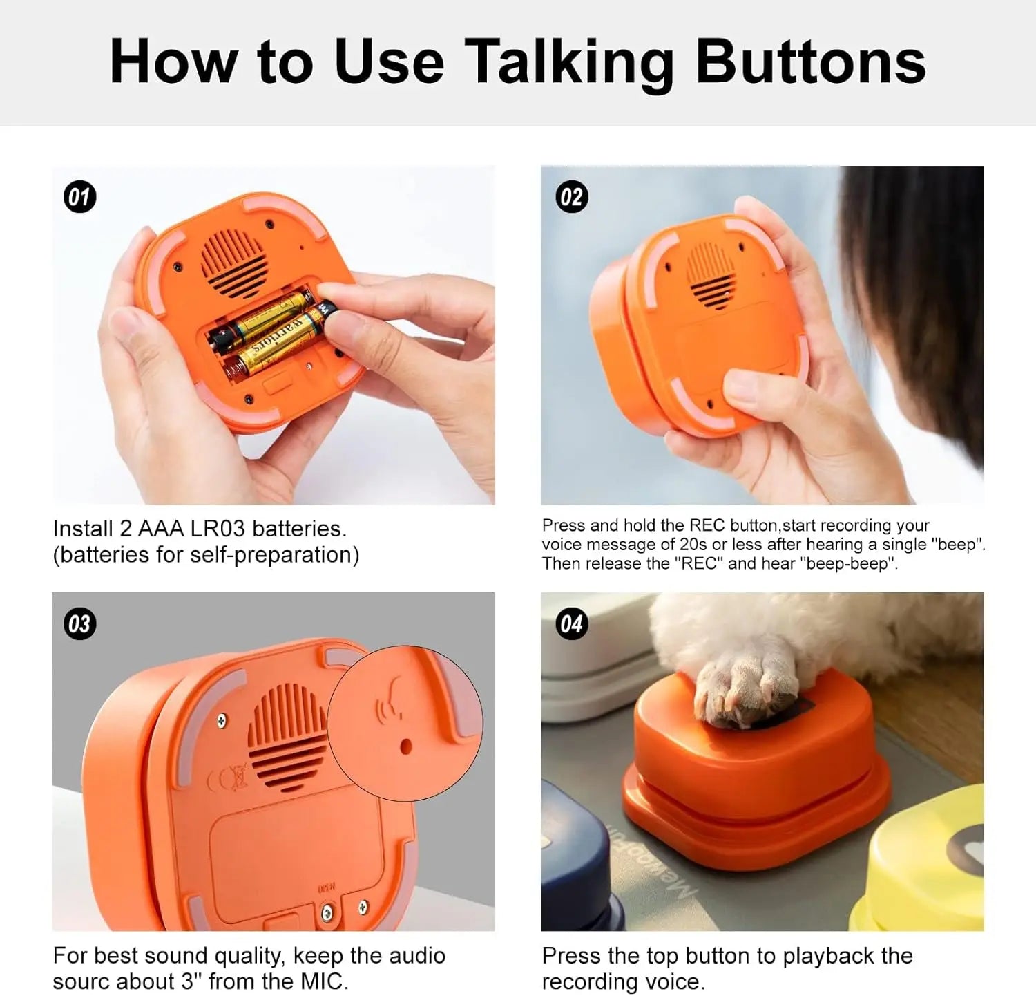 Instructions on how to use a talking button device with text and images.