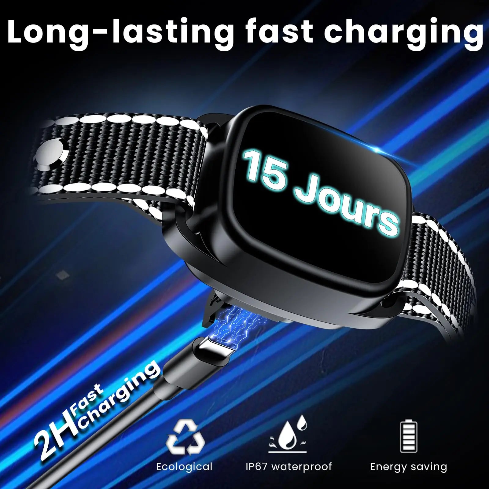 Dog collarwith a charging cable on a dark background, highlighting charging features.