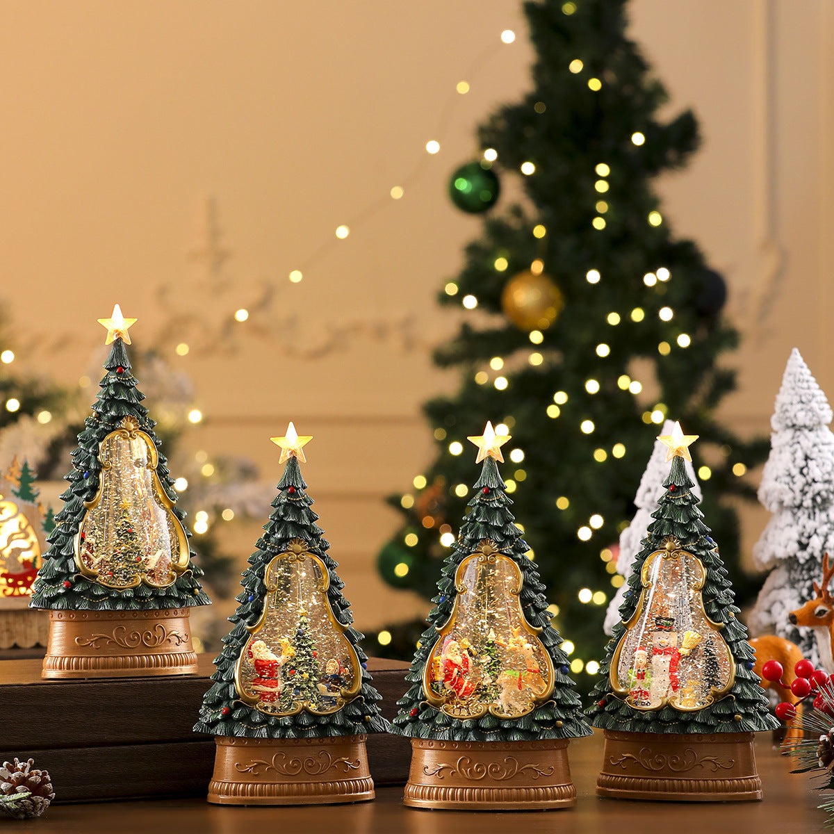 Decorative Christmas tree lights with a festive background