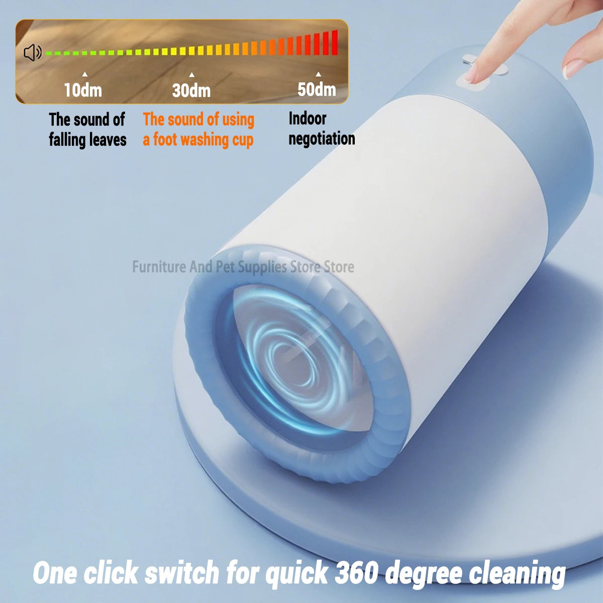 Pet PawCleaning device with sound effect options and one-click switch feature on a blue background