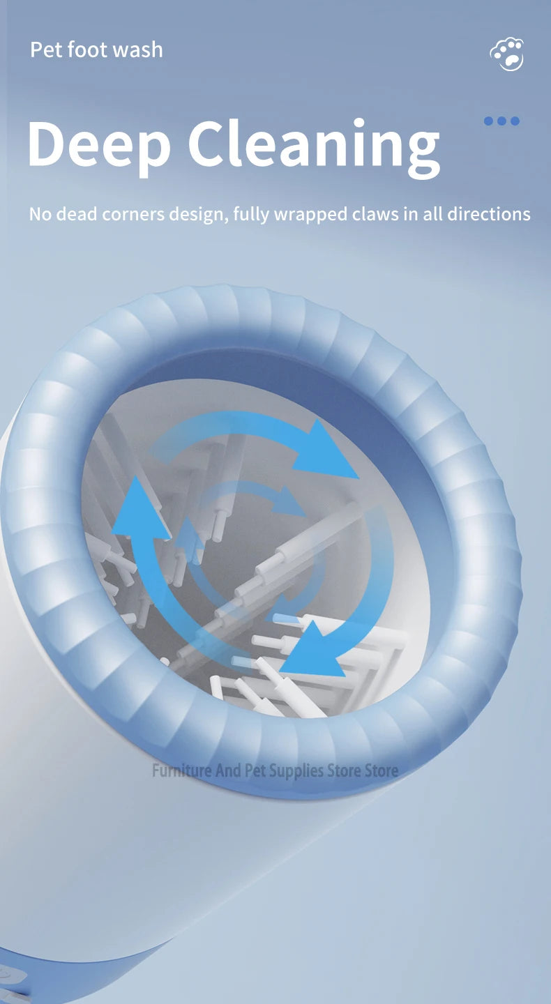 Pet foot wash packaging with a design of a paw and text on a light blue background