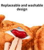 Close-up of a plush toy with a replaceable and washable design feature.