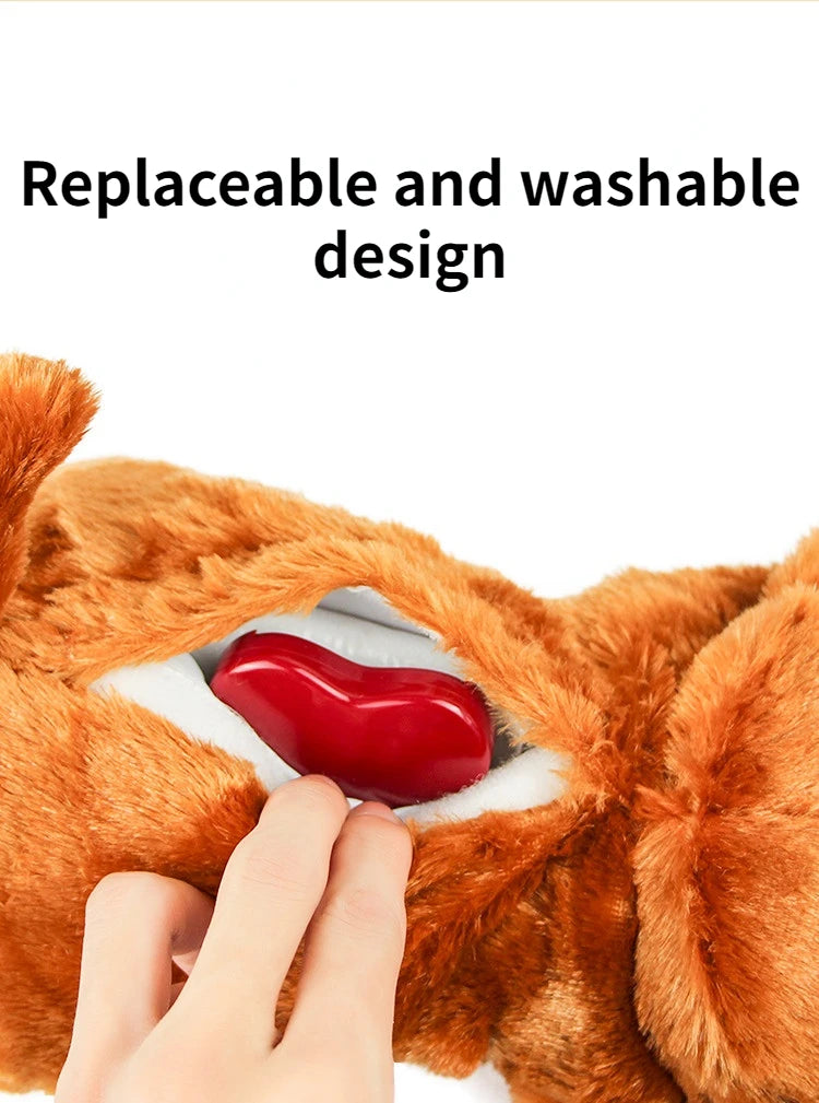 Close-up of a plush toy with a replaceable and washable design feature.