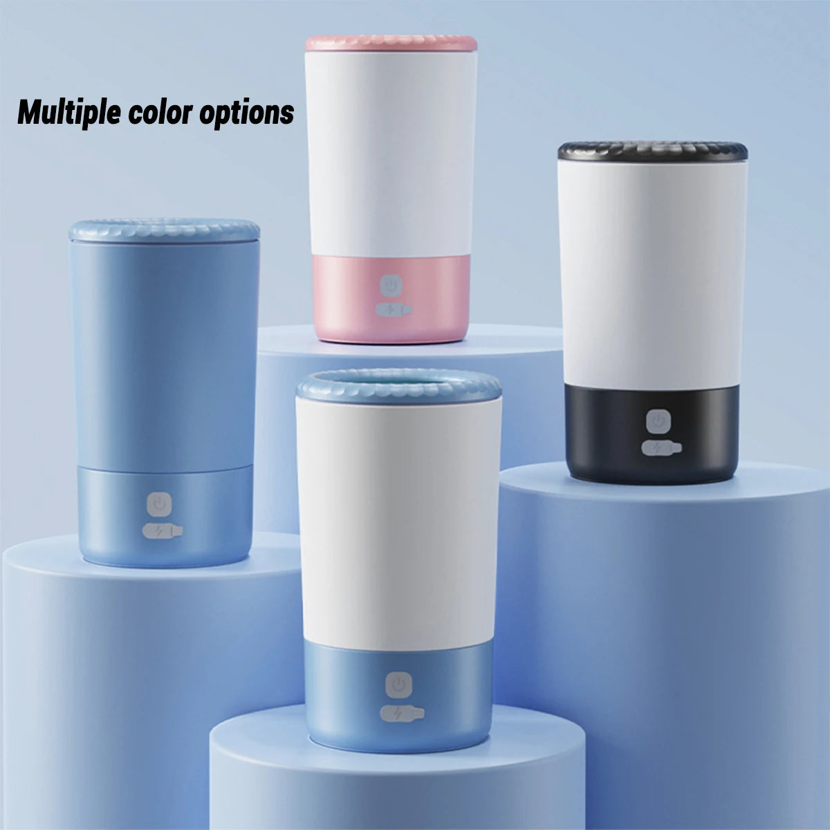 Four pet paw cleaners in different colors on a blue background with 'Multiple color options' text.