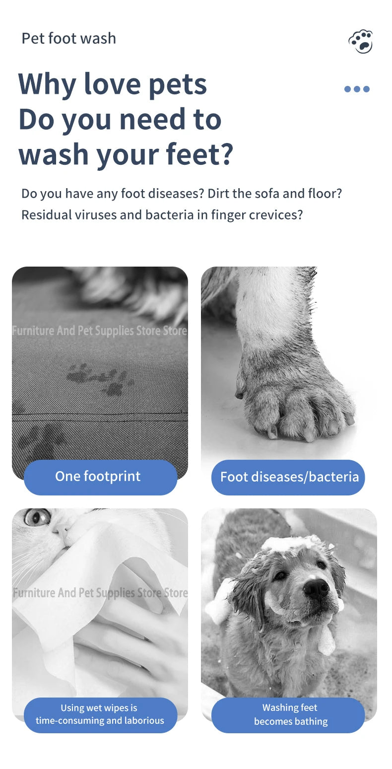 Advertisement about pet foot wash with images of paw prints and a dog being washed.