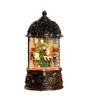 Decorative snow globe with Christmas scene inside a ornate lantern on a white background