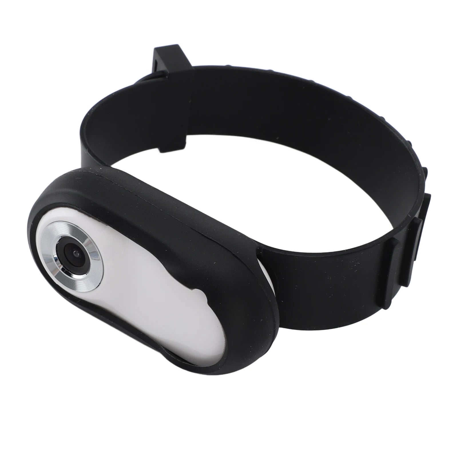 Black and silver pet collar with camera on a white background