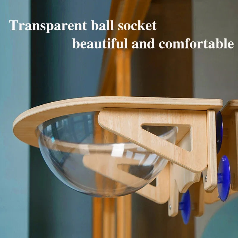 Transparent ball socket with wooden frame against a blurred background