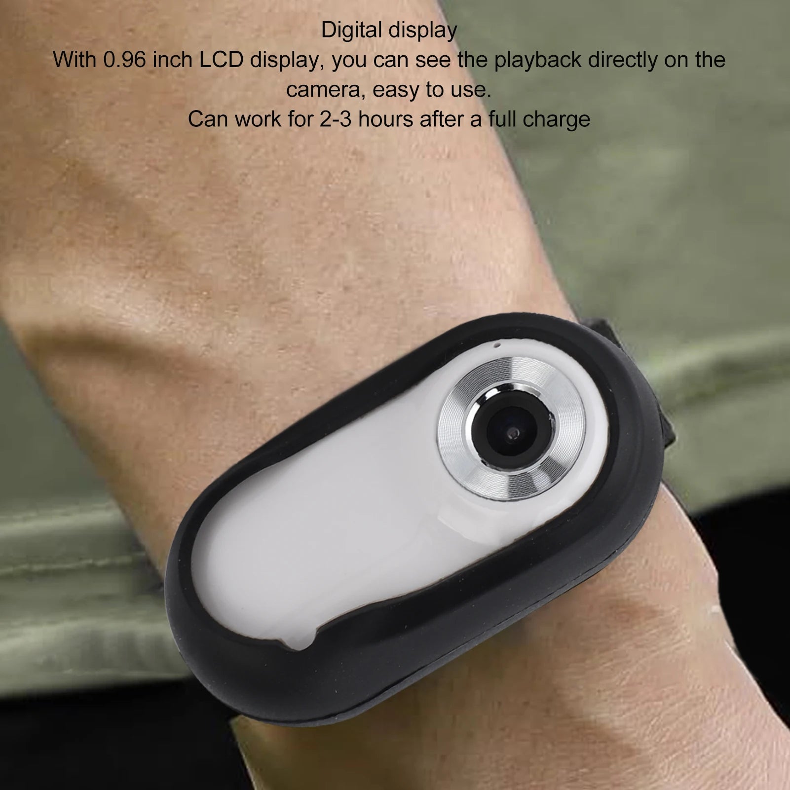 Camera worn on a wrist with digital display text overlay