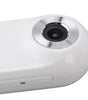 Close-up of a white electronic device with a camera lens on a white background