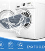 White washing machine with water splashing into the drum, labeled 'Easy to Clean'.