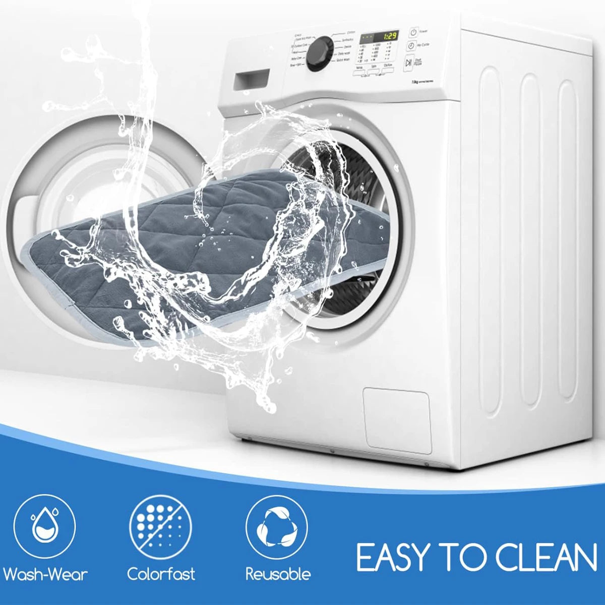 White washing machine with water splashing into the drum, labeled 'Easy to Clean'.