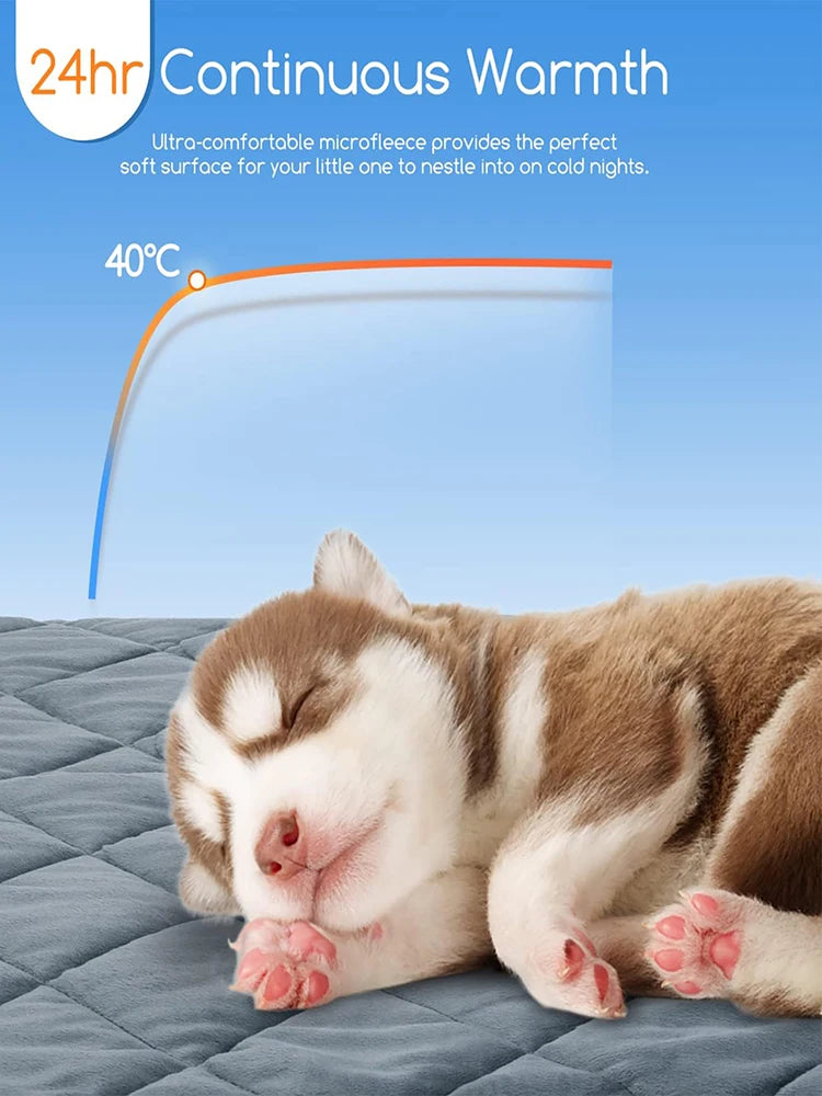 Puppy sleeping on a heating pad with text about 24-hour warmth and temperature indication.