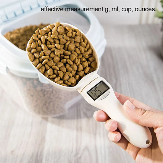 Pet food measuring scoop showing accurate weight