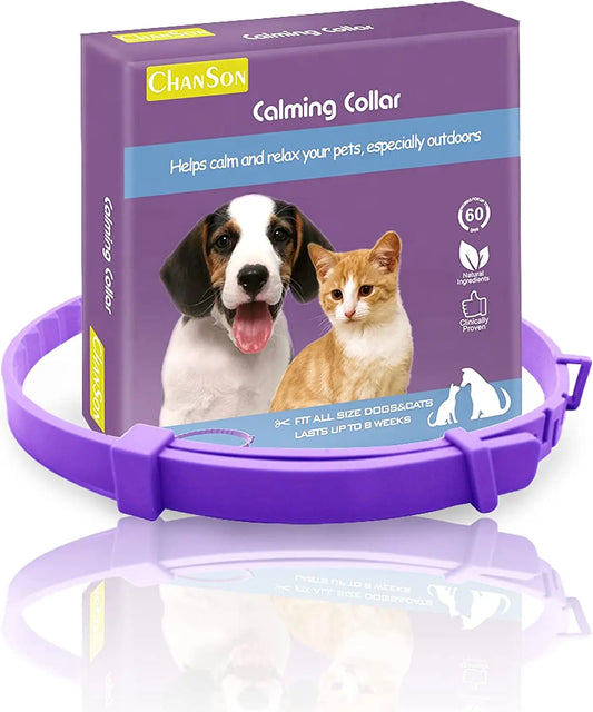 Purple calming collar with packaging featuring a dog and cat on a white background