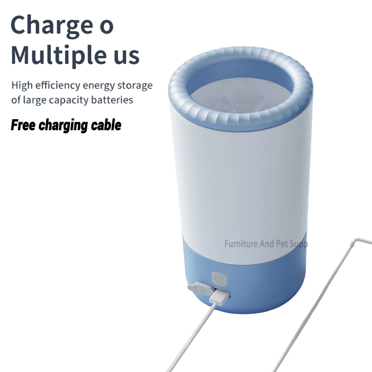 Blue and white pet paw cleaner device with charging cable on a light blue background