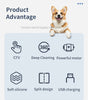 Product advantage section with a dog illustration and icons on a light blue background