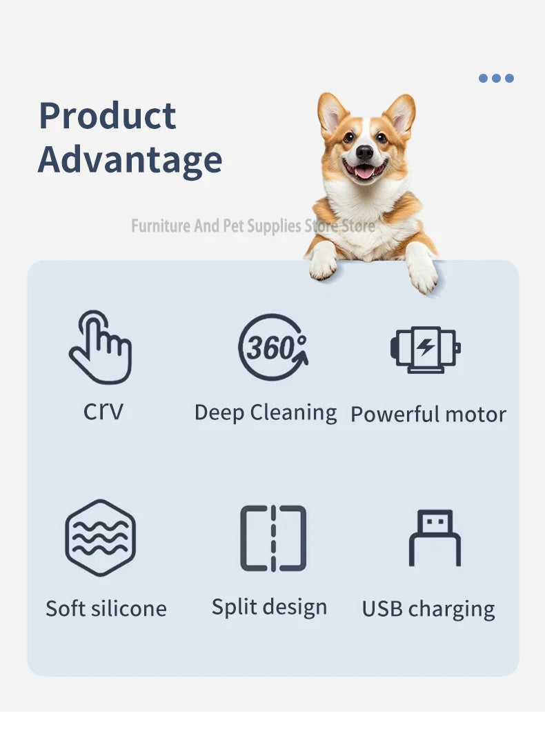 Product advantage section with a dog illustration and icons on a light blue background