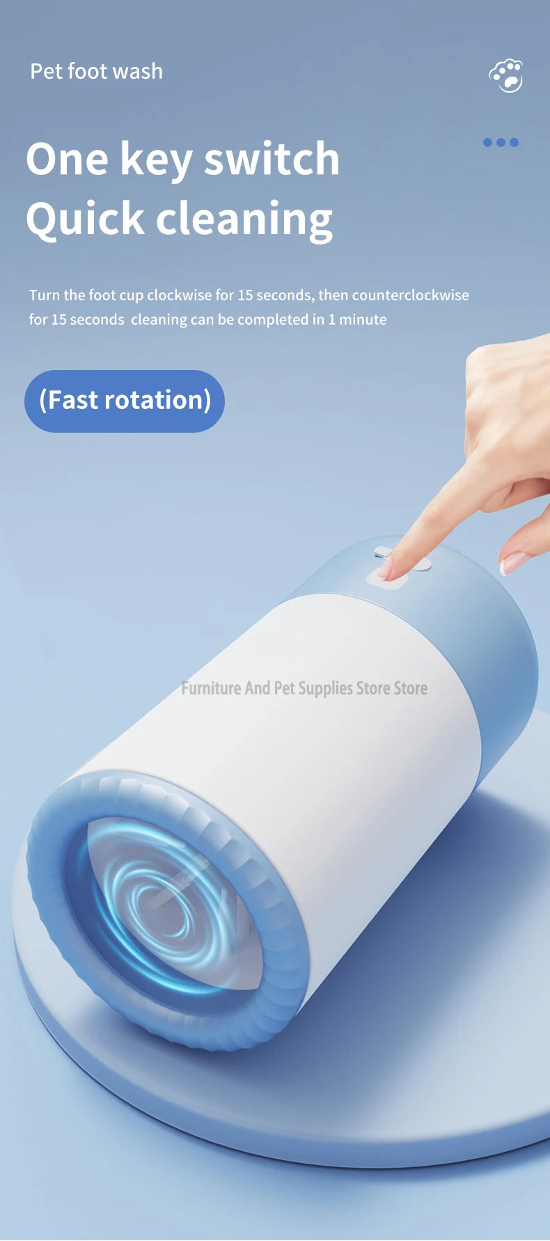 Pet foot washer with a hand pressing a button on a blue background