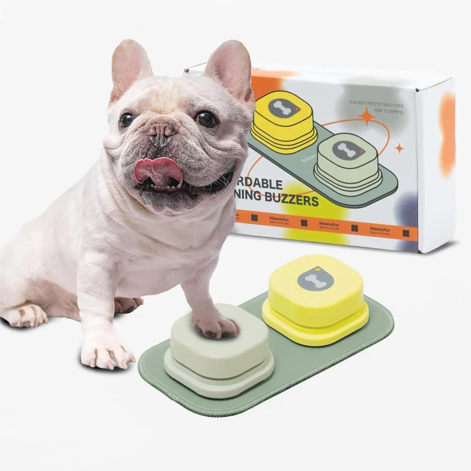 Dog standing on a step stool with training buttons in front of its packaging.