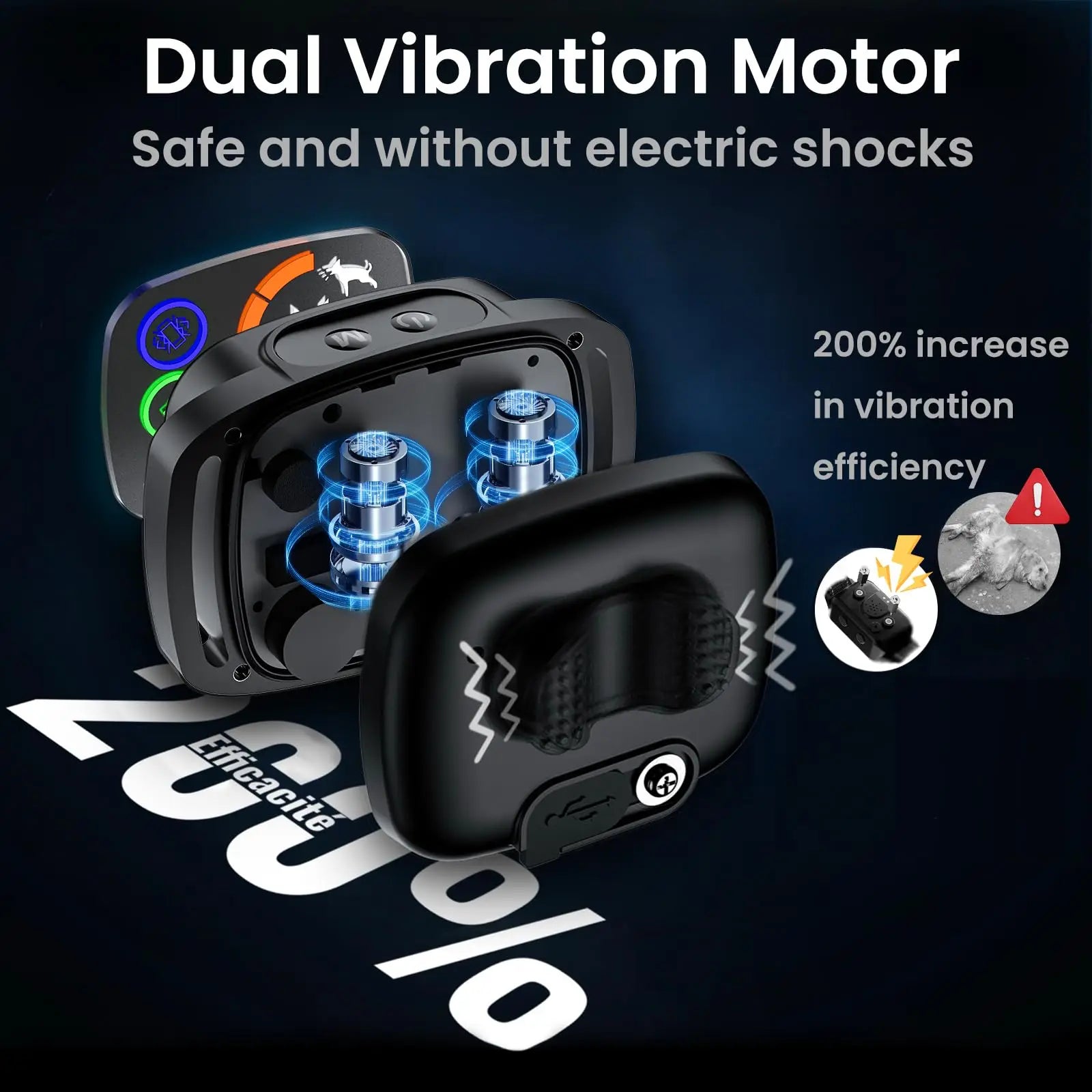Dual Vibration Motor dog collar with safety features on a dark background