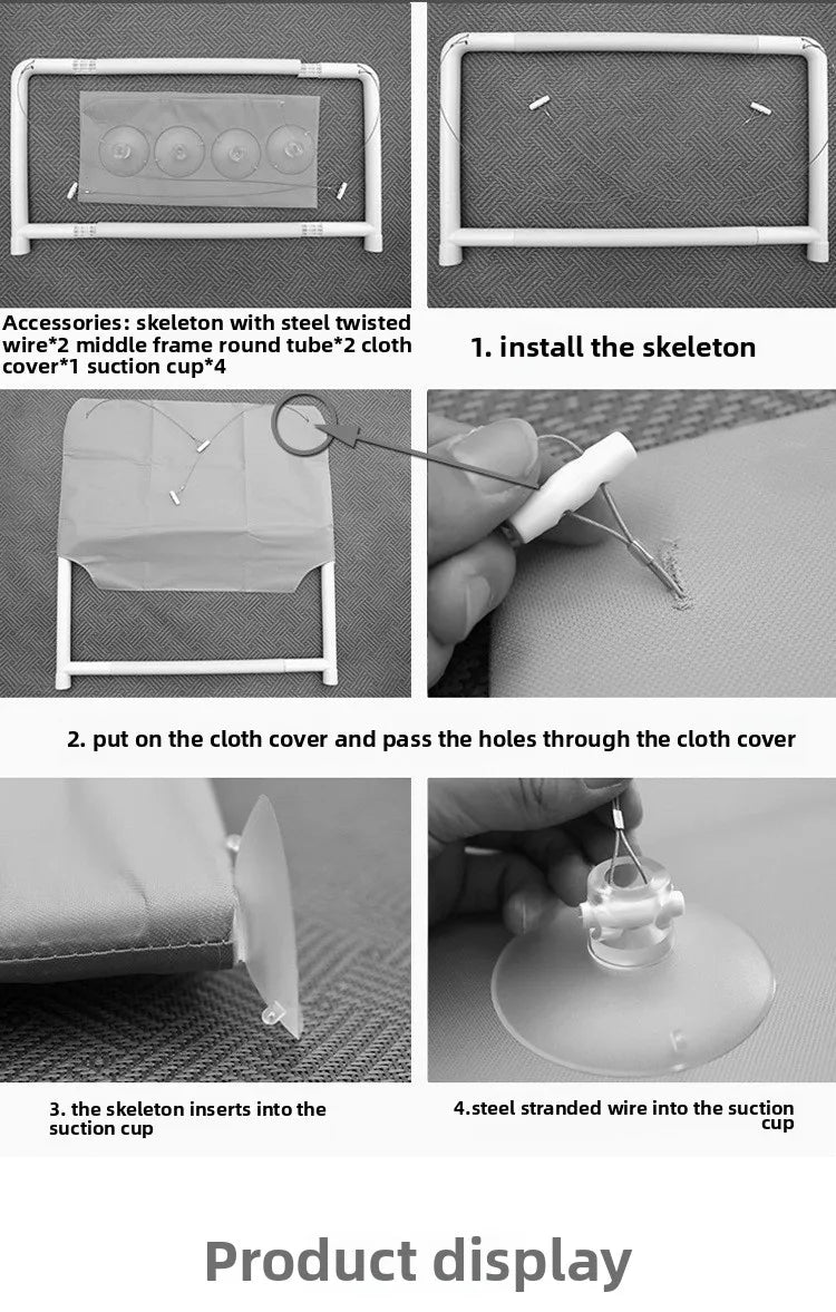 Step-by-step assembly instructions for a cat hammock with text labels.