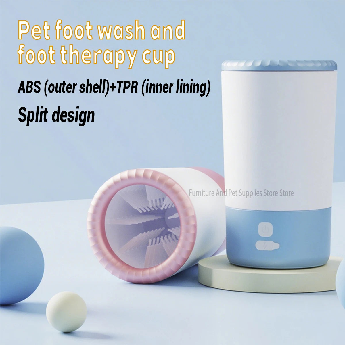 Pet foot wash and foot therapy cup with split design on a light blue background