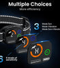 Dog collar with electronic control panel displaying sensitivity levels and modes on a dark background.