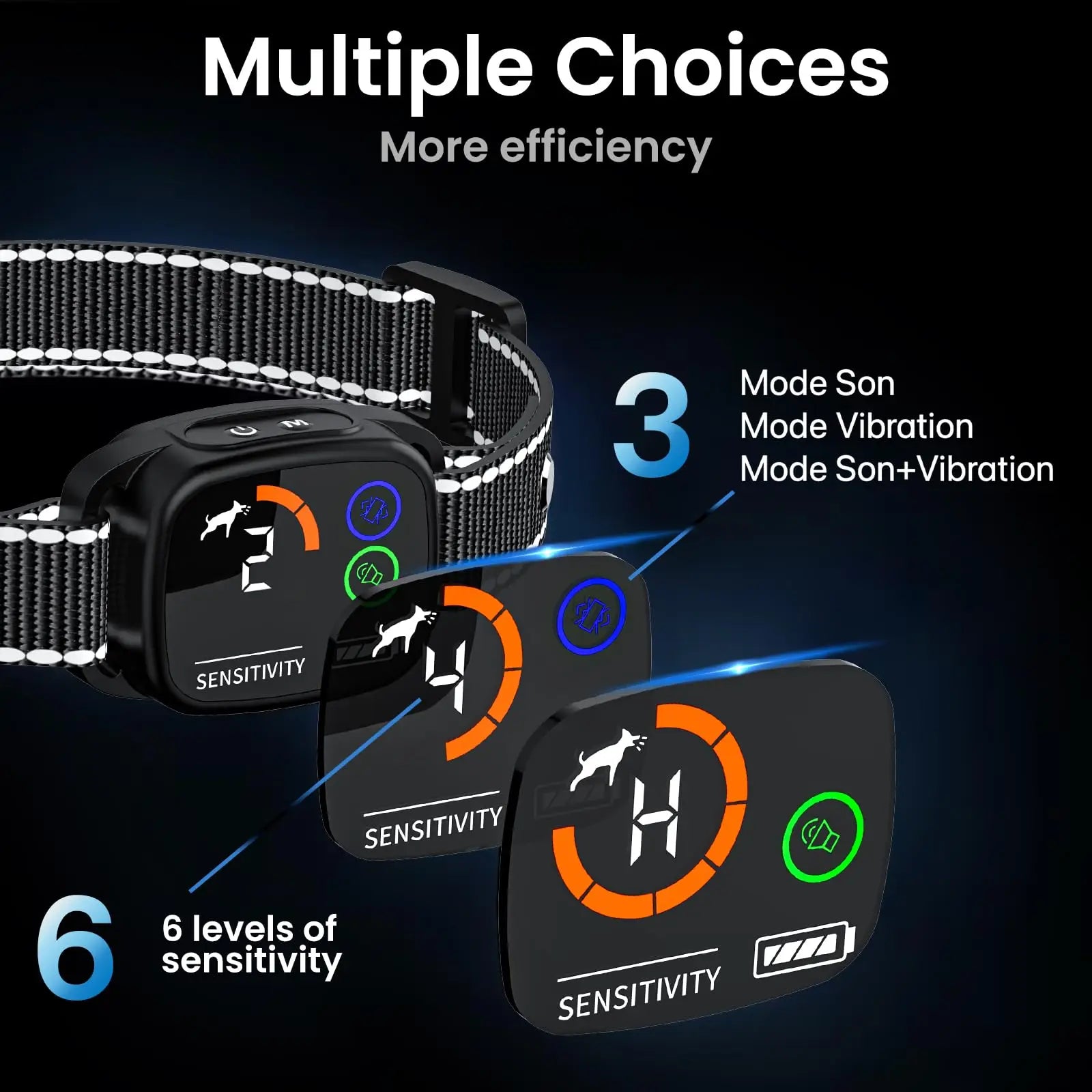 Dog collar with electronic control panel displaying sensitivity levels and modes on a dark background.