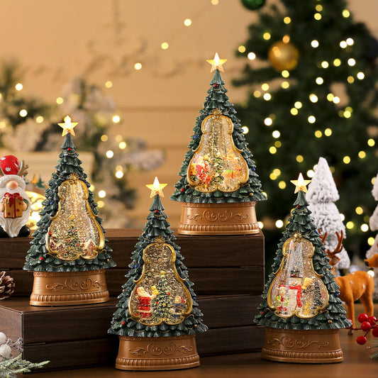 Decorative Christmas tree lights with glowing interiors on a festive background.