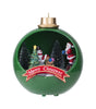 Green Christmas ball with Santa Claus, snowman, and reindeer inside, featuring a 'Merry Christmas' banner.