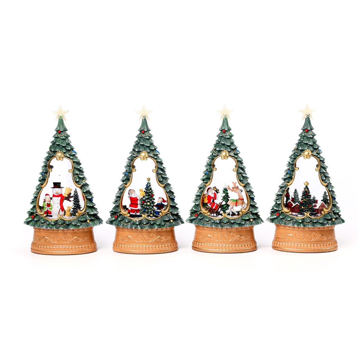 Four decorative Christmas tree figurines with scenes inside on a white background