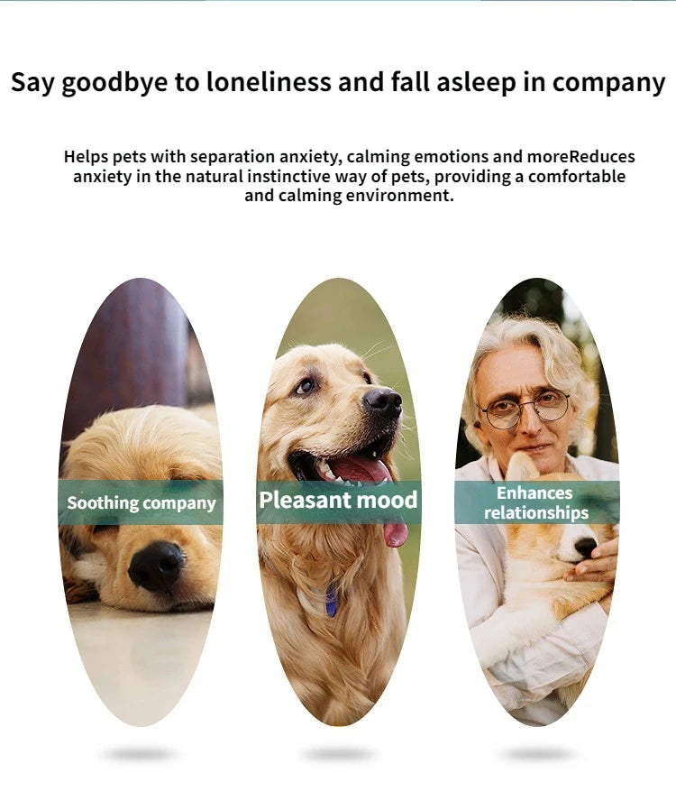Advertisement for a product that helps pets with separation anxiety, shown with images of a dog and a person holding a dog.