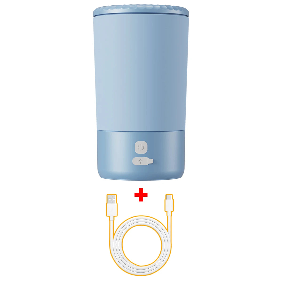 Blue pet paw cleaner product with charging cable on a white background
