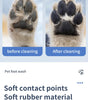 Before and after cleaning comparison of a pet's paw with text about a pet foot wash.