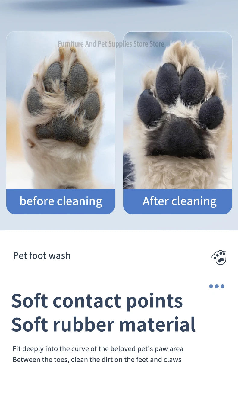 Before and after cleaning comparison of a pet's paw with text about a pet foot wash.