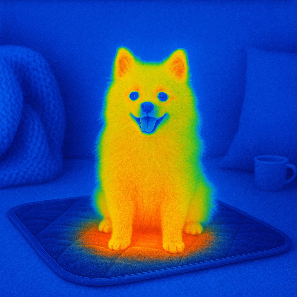 Dog on a heating pad with a thermal imaging effect, showing body heat distribution.