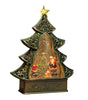 Decorative Christmas tree-shaped water lamp with Santa Claus and reindeer inside on a white background