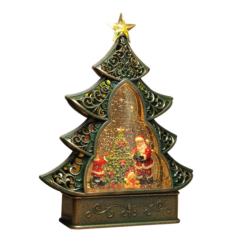 Decorative Christmas tree-shaped water lamp with Santa Claus and reindeer inside on a white background