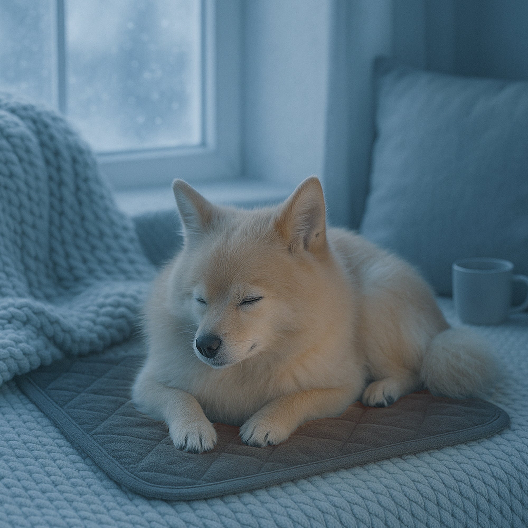 Dog lying on a quilted mat in a cozy room with a cup and blanket.