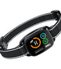 Black electronic dog collar with digital display on a white background