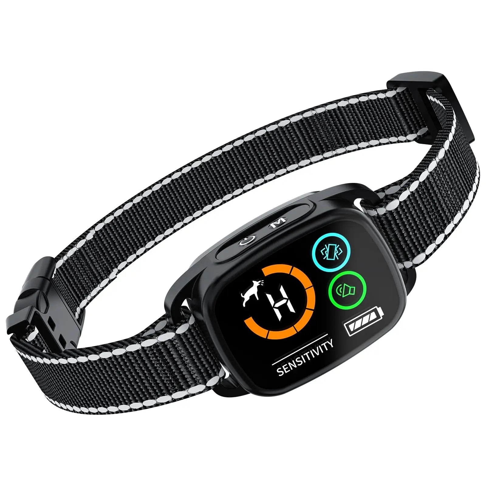 Black electronic dog collar with digital display on a white background