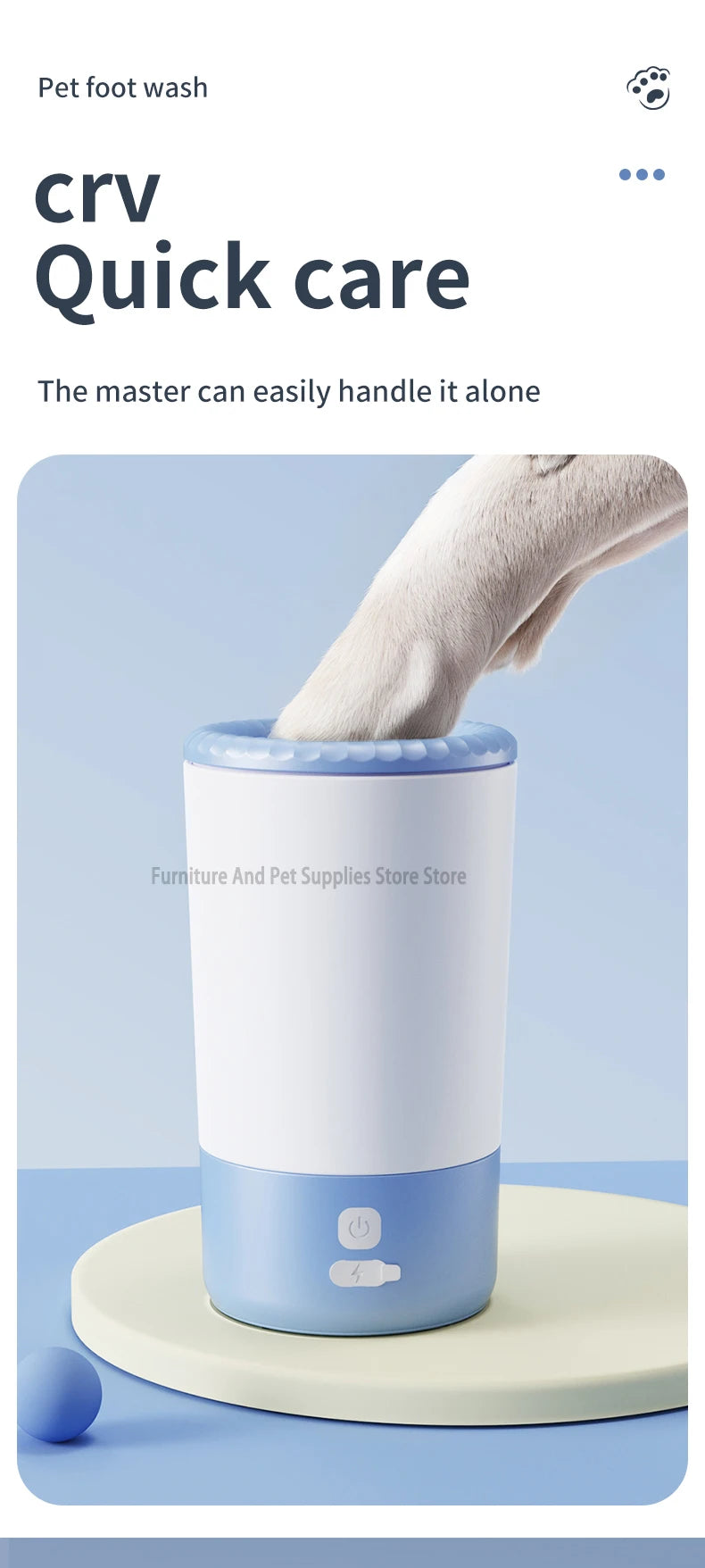Pet foot wash with a hand applying soap, branded 'crv Quick care'.