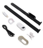 Set of pet camera components including a black strap, USB cable, and other parts on a white background
