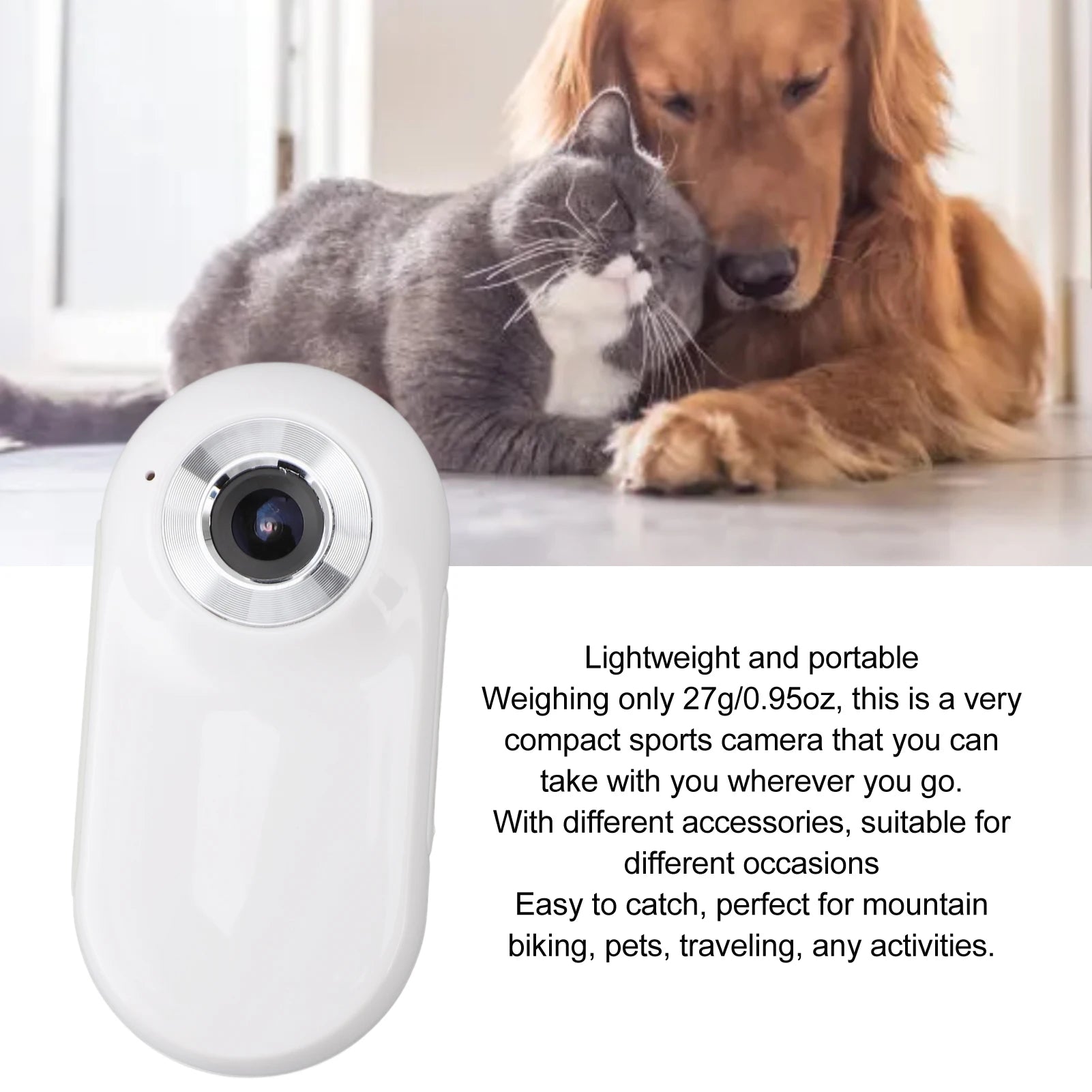 Compact sports camera with a cat and dog in the background