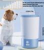 Dog standing next to a blue and white pet cleaning device with measurements and text on a light blue background.
