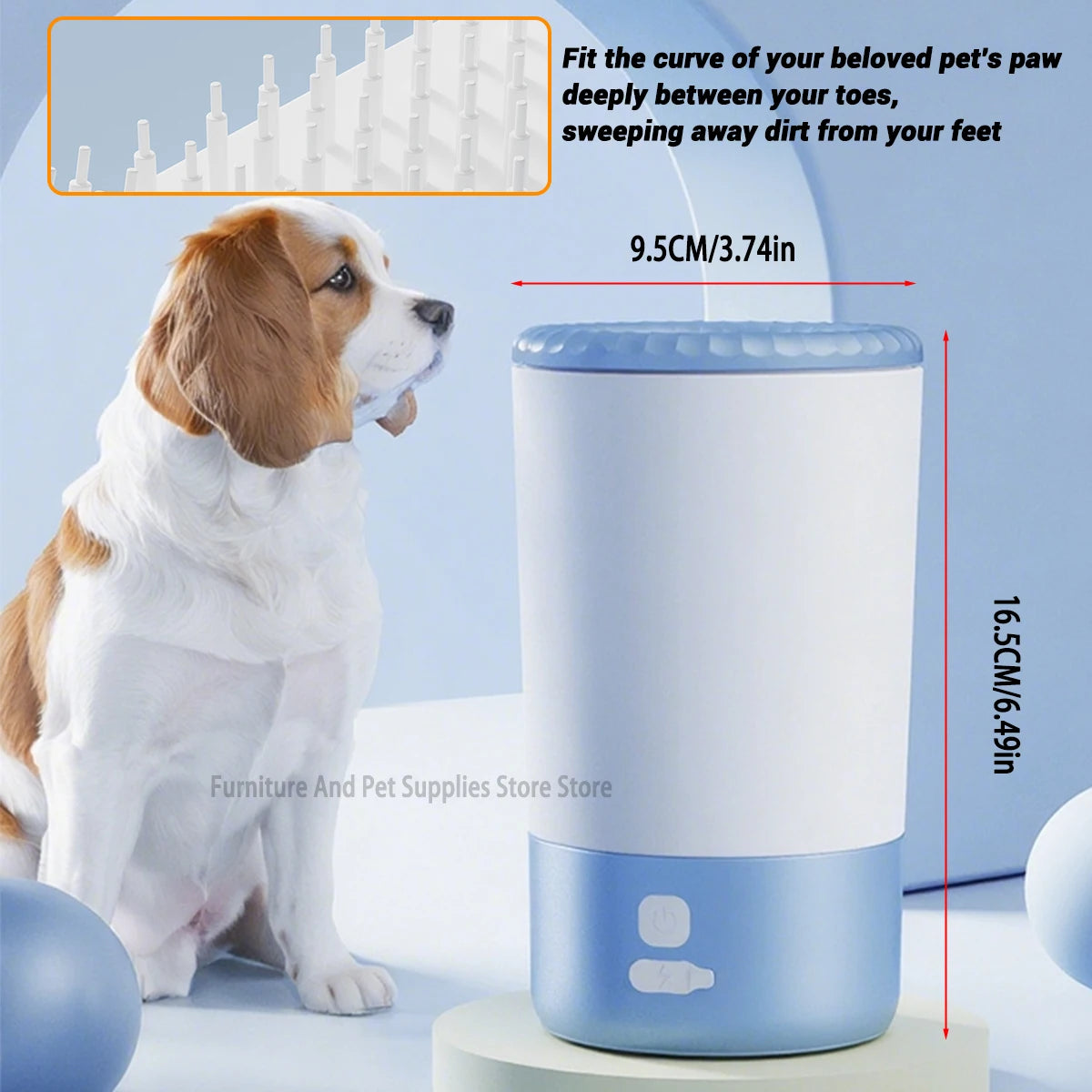 Dog standing next to a blue and white pet cleaning device with measurements and text on a light blue background.